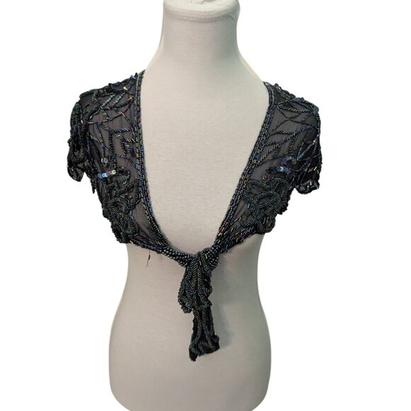 Vintage Intricate Beaded Sheer Bolero Shrug Interlude California Handmade Black - Picture 3 of 7